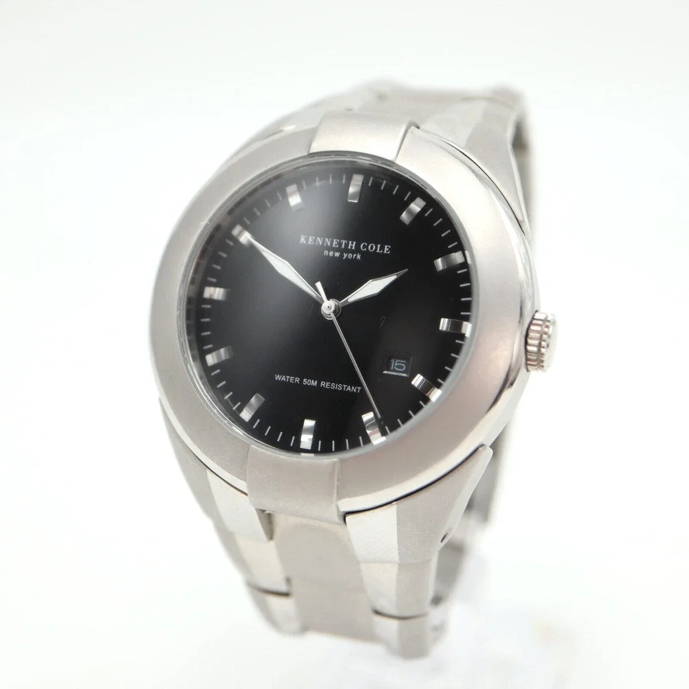 Kenneth Cole Mens Silver Tone Watch 42mm Black Date Dial Stainless Steel KC3393